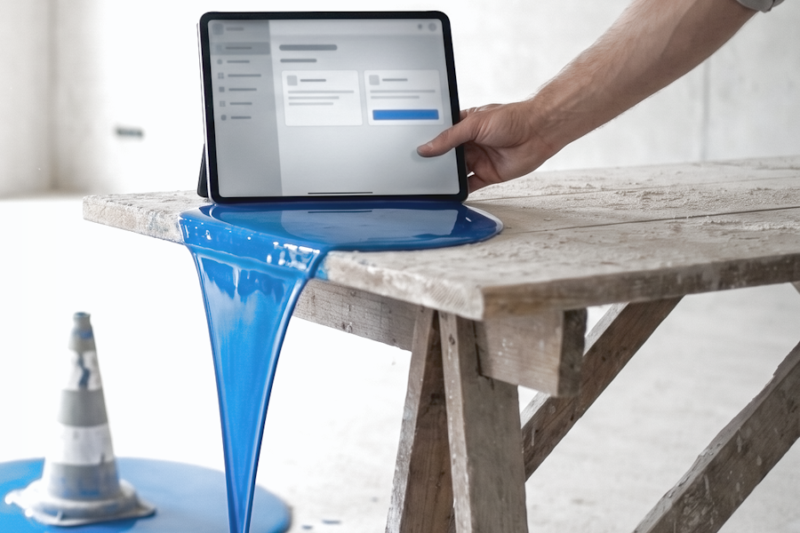 Ein Tablet steht auf einer staubigen Werkbank im hellen Rohbau und zeigt eine fertig aussehende App-Oberfläche, deren Texte nur als graue Platzhalterlinien angedeutet sind. Unter dem Gerät läuft leuchtend blaue Flüssigkeit hervor, über die Kante der Werkbank hinunter und bildet auf dem Estrich eine Lache, in der ein kleiner Warnkegel steht. Sinnbild für eine in Minuten gebaute Anwendung, aus der unbemerkt Daten austreten — und für die Verantwortung, die dann bei einem selbst liegt