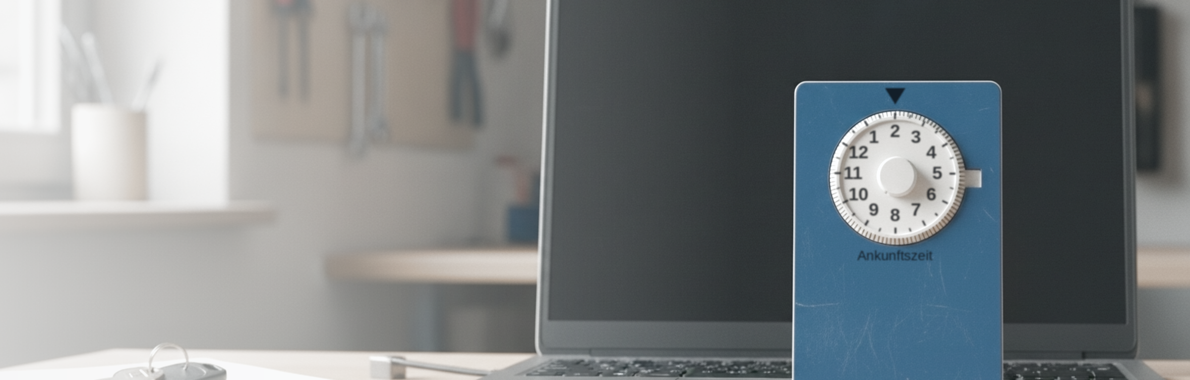 Eine gebrauchte blaue Parkscheibe lehnt frontal am dunklen, ausgeschalteten Bildschirm eines Laptops auf einem Schreibtisch in der Werkstatt. Auf ihrer weißen Drehscheibe steht die Stundenskala, unter dem Pfeil die eingestellte Ankunftszeit; daneben liegen Fahrzeugschlüssel, ein Zimmermannsbleistift und ein Notizblock. Sinnbild dafür, dass kostenlos keine Eigenschaft der Software ist, sondern ein Zeitraum, der endet