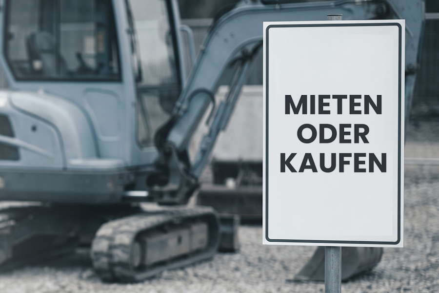 Foto auf einem Bauhof: ein weißes Schild an einem Stahlpfosten mit der Aufschrift „Mieten oder kaufen“, dahinter unscharf ein kleiner Minibagger auf Schotter