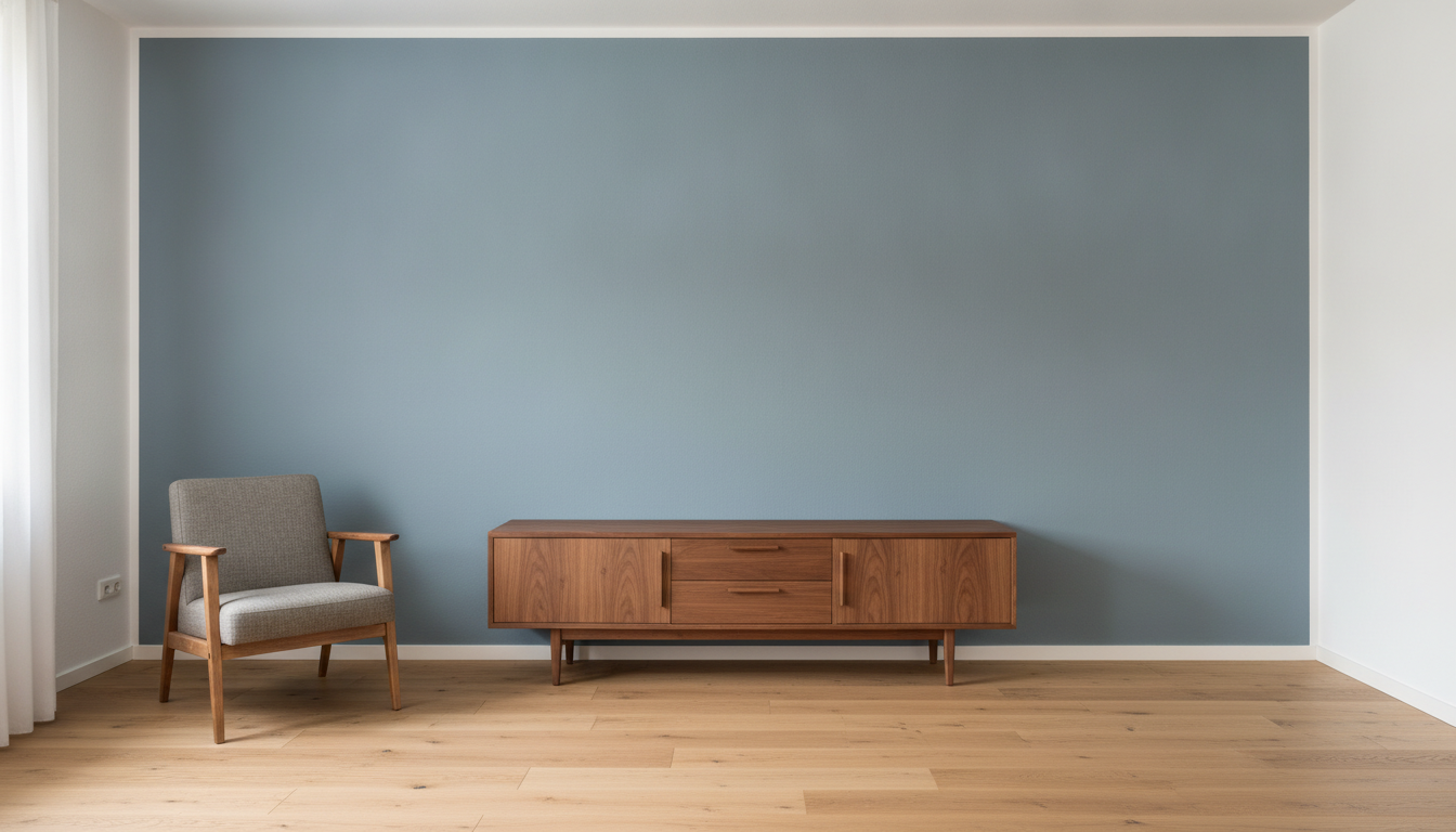 Wohnzimmer mit Sideboard und Sessel, die Hauptwand in einem gedeckten, graustichigen Blau