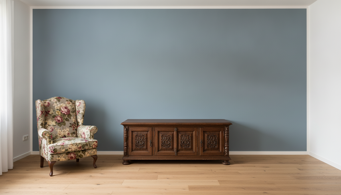 Dasselbe Zimmer mit derselben Wandfarbe, davor ein dunkler Eichenschrank und ein Ohrensessel mit Blumenmuster