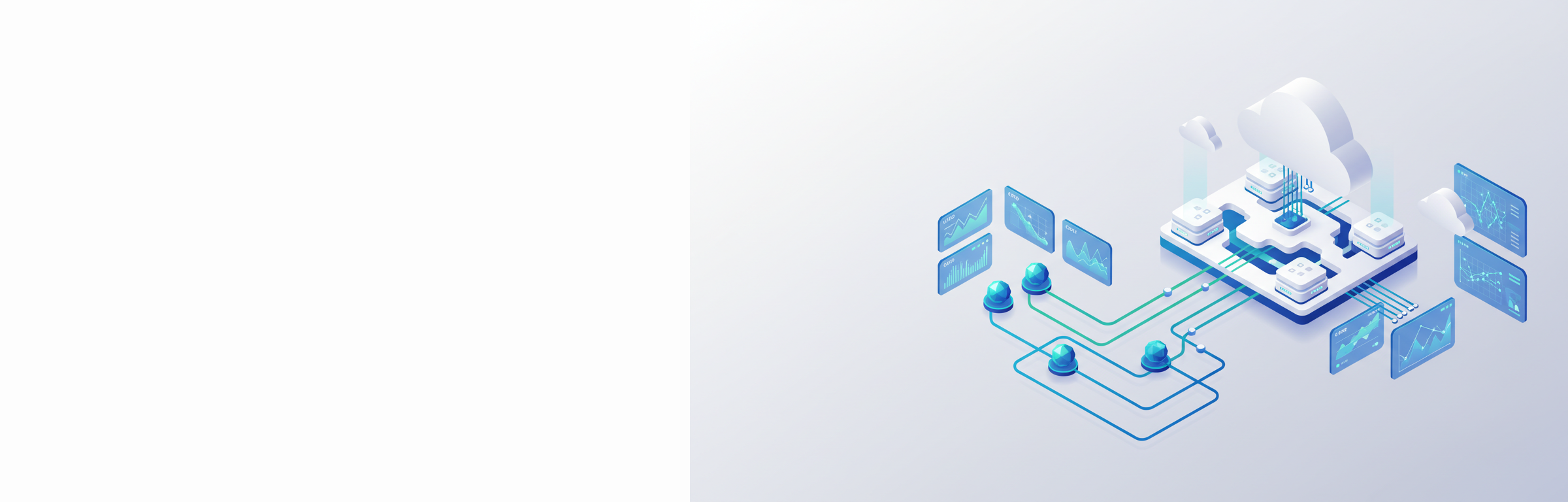 Isometrische Darstellung einer Enterprise-Cloud-Infrastruktur mit DevOps-Pipelines, Container-Orchestrierung und Monitoring-Dashboards