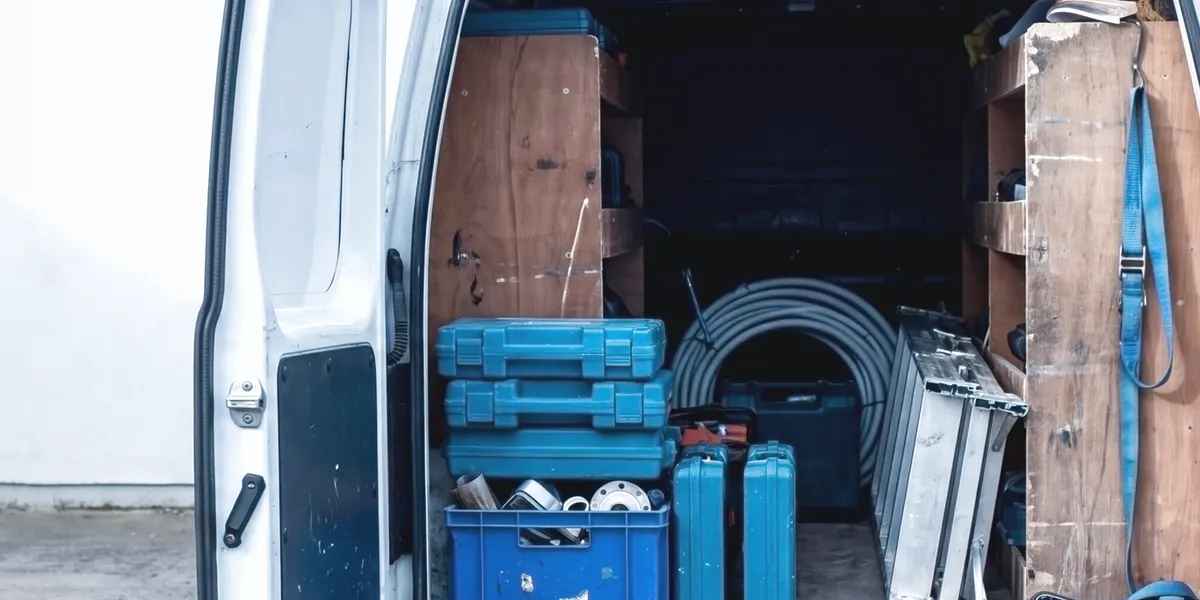 Geöffneter Transporter mit Werkzeugkoffern und Material