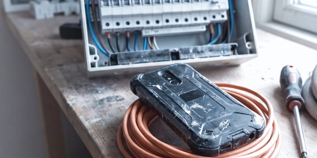 Robustes Smartphone auf einer Kabelrolle vor einem geöffneten Verteilerkasten