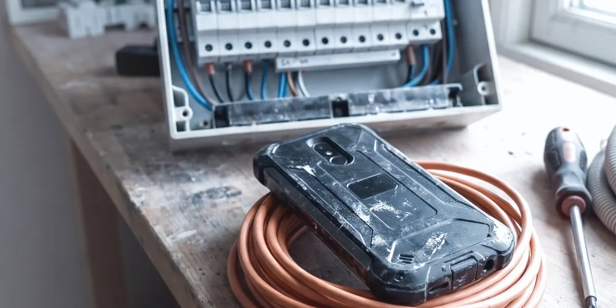 Robustes Smartphone auf einer Kabelrolle vor einem geöffneten Verteilerkasten