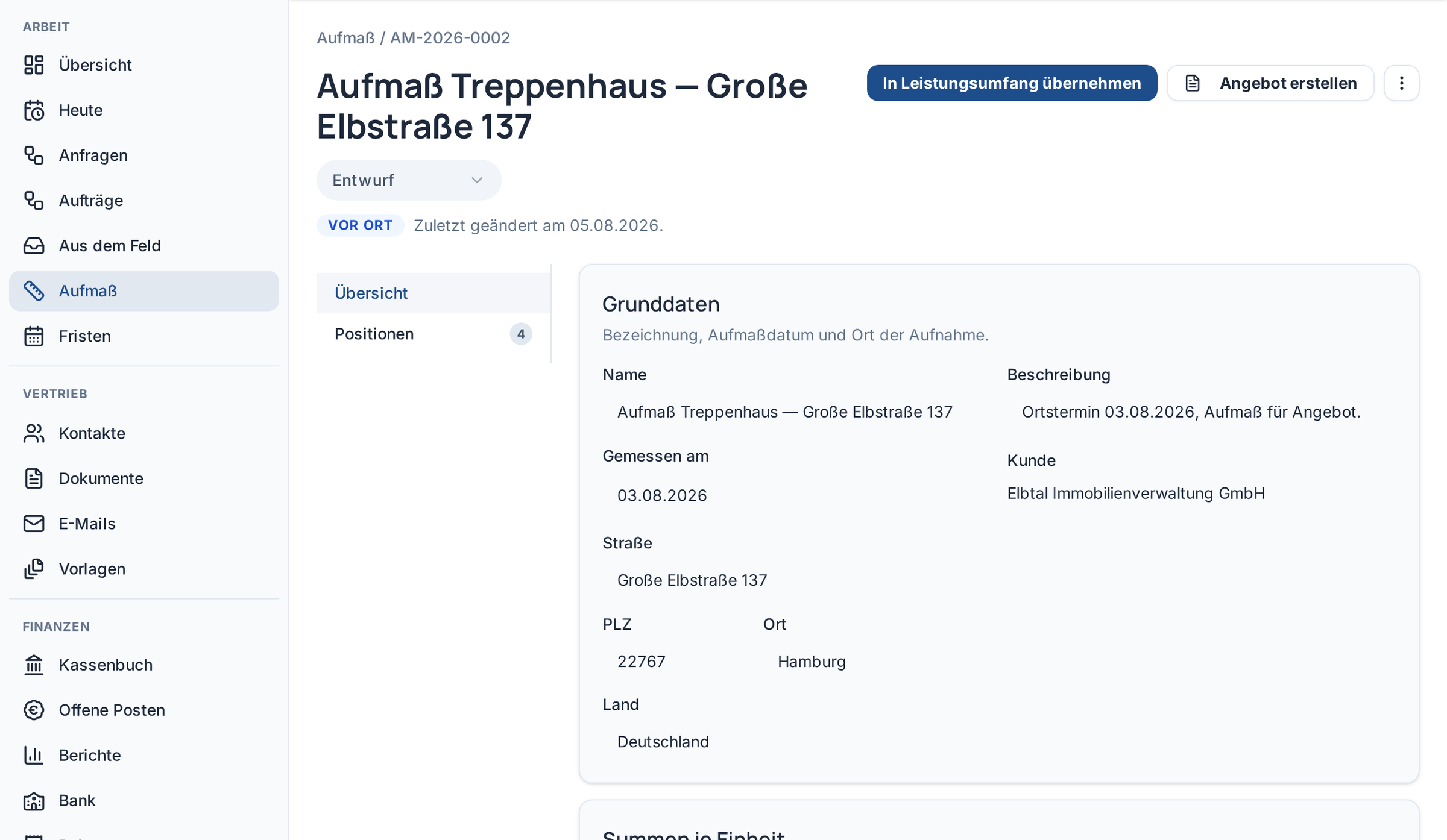 Aufmaß eines Treppenhauses in krafteq Handwerk mit Bezeichnung, Aufmaßdatum, Ort der Aufnahme und Kunde