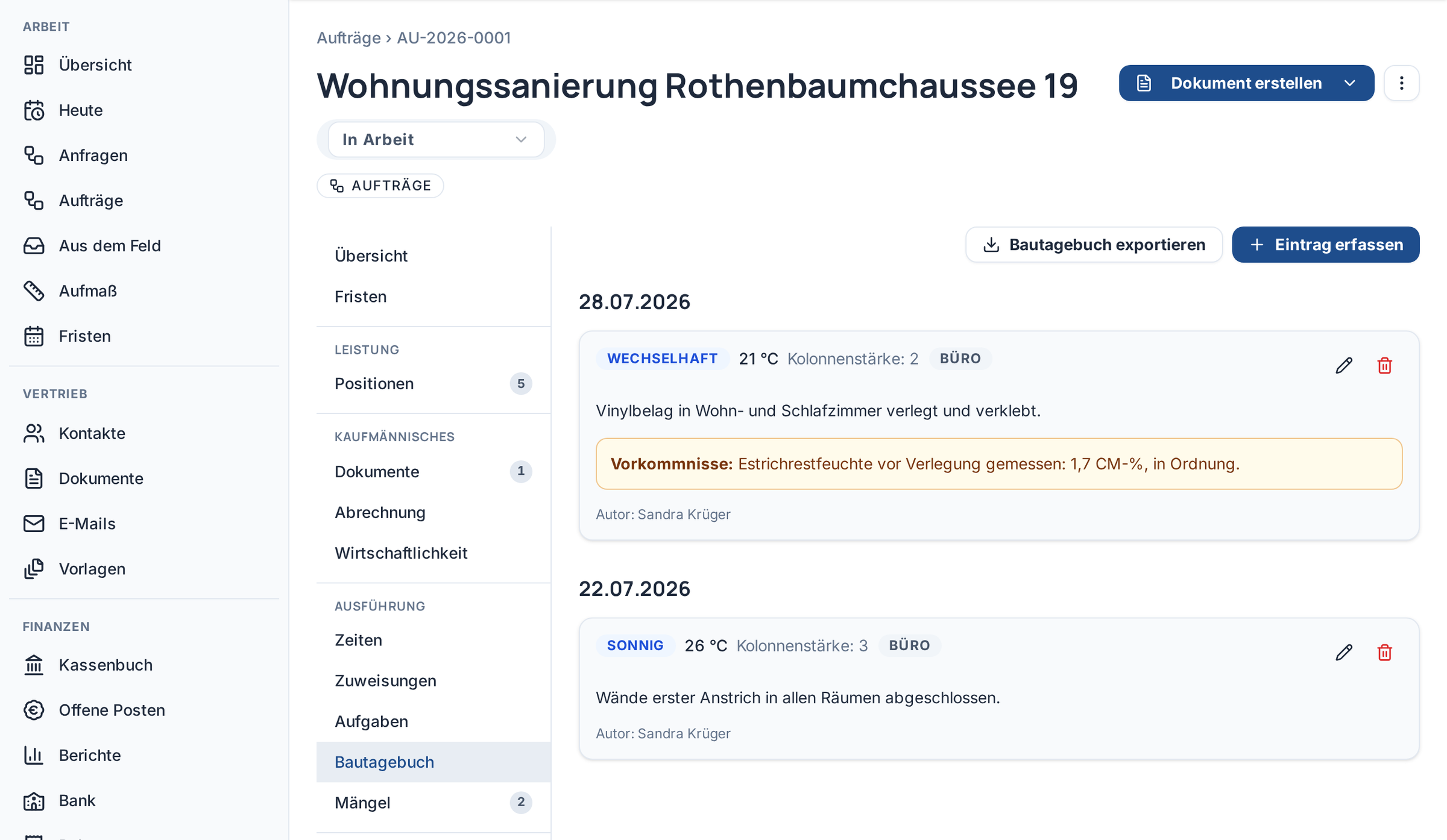 Bautagebuch eines Malerauftrags mit Wetterlage, Kolonnenstärke und Einträgen zu erstem Anstrich und verlegtem Vinylbelag