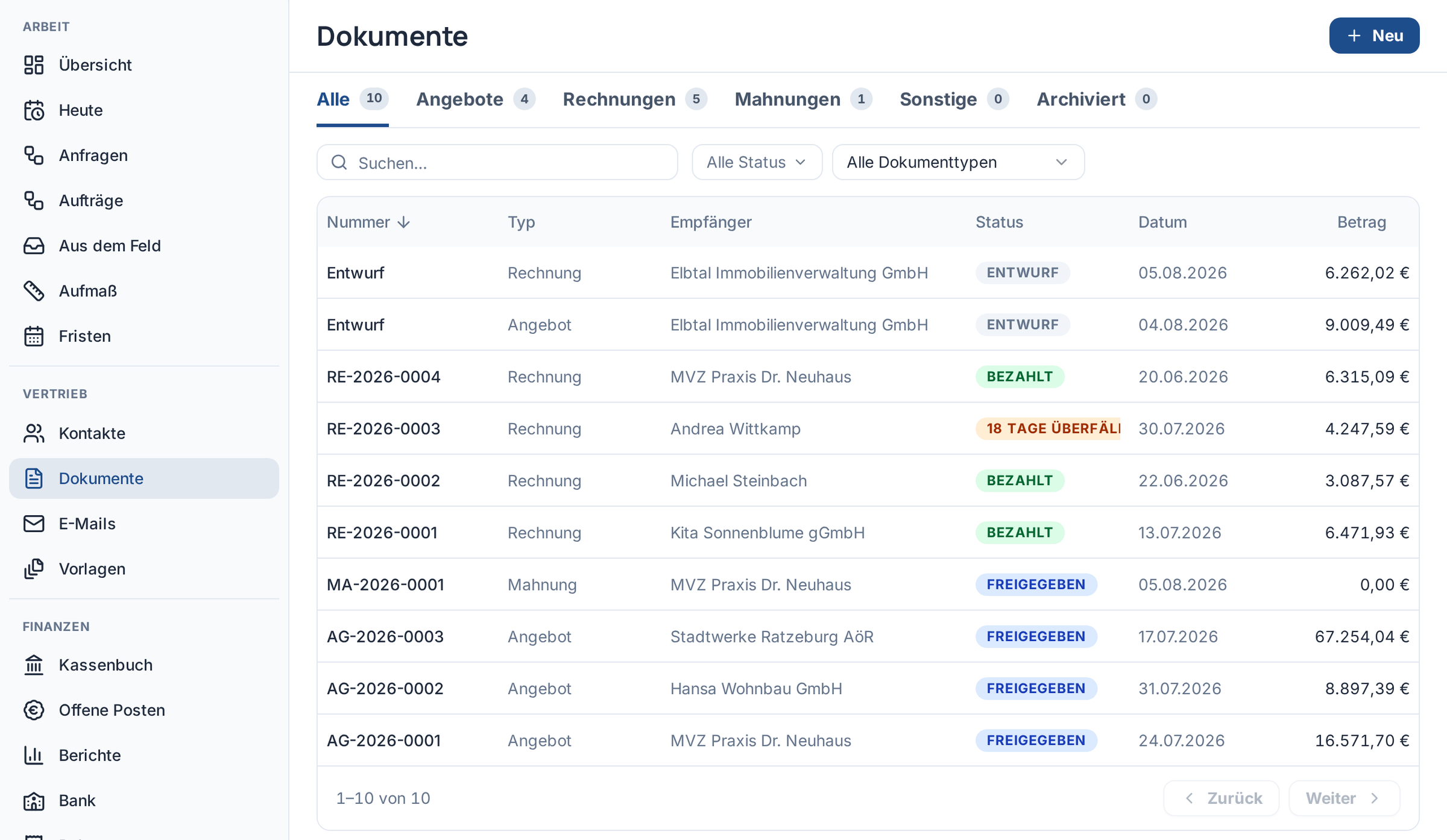 Dokumentenliste mit Angeboten, Rechnungen und Mahnungen samt Empfänger, Status, Datum und Betrag