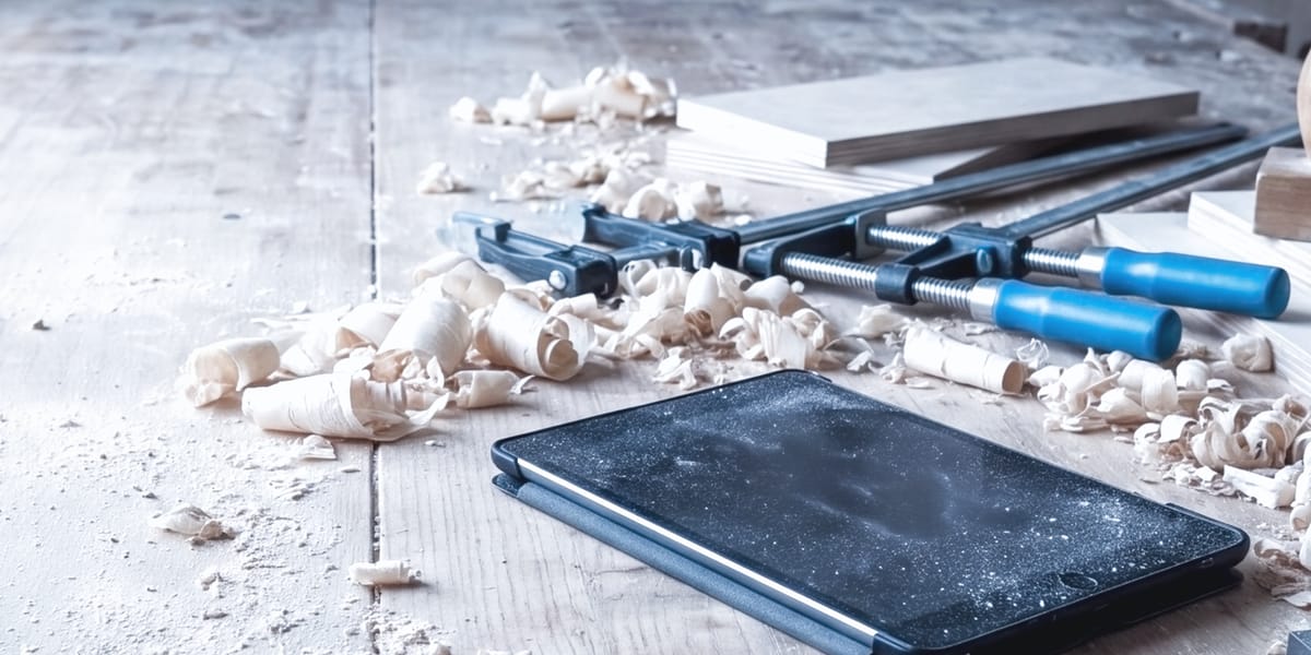 Tablet und Schraubzwingen zwischen Hobelspänen auf einer Werkbank