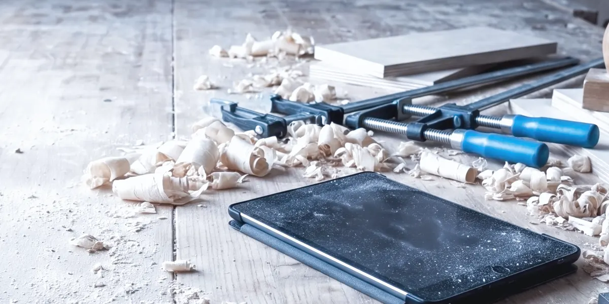 Tablet und Schraubzwingen zwischen Hobelspänen auf einer Werkbank