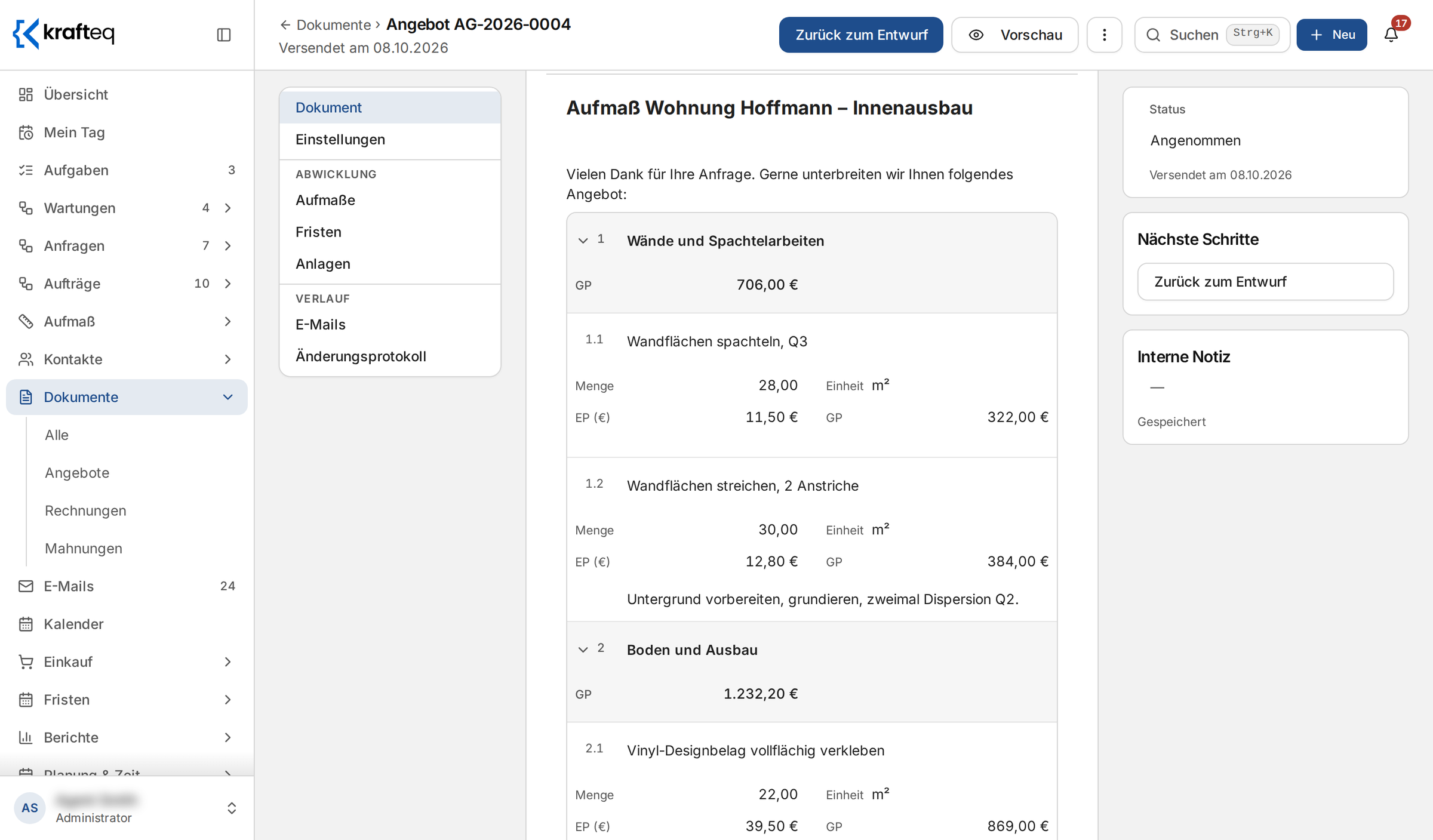 Angebot AG-2026-0004 an Mara Hoffmann mit Angebotsnummer, Datum, Gültigkeit und Leistungsort sowie den Gruppen Wände und Spachtelarbeiten und Boden und Ausbau mit Menge, Einheit und Preis