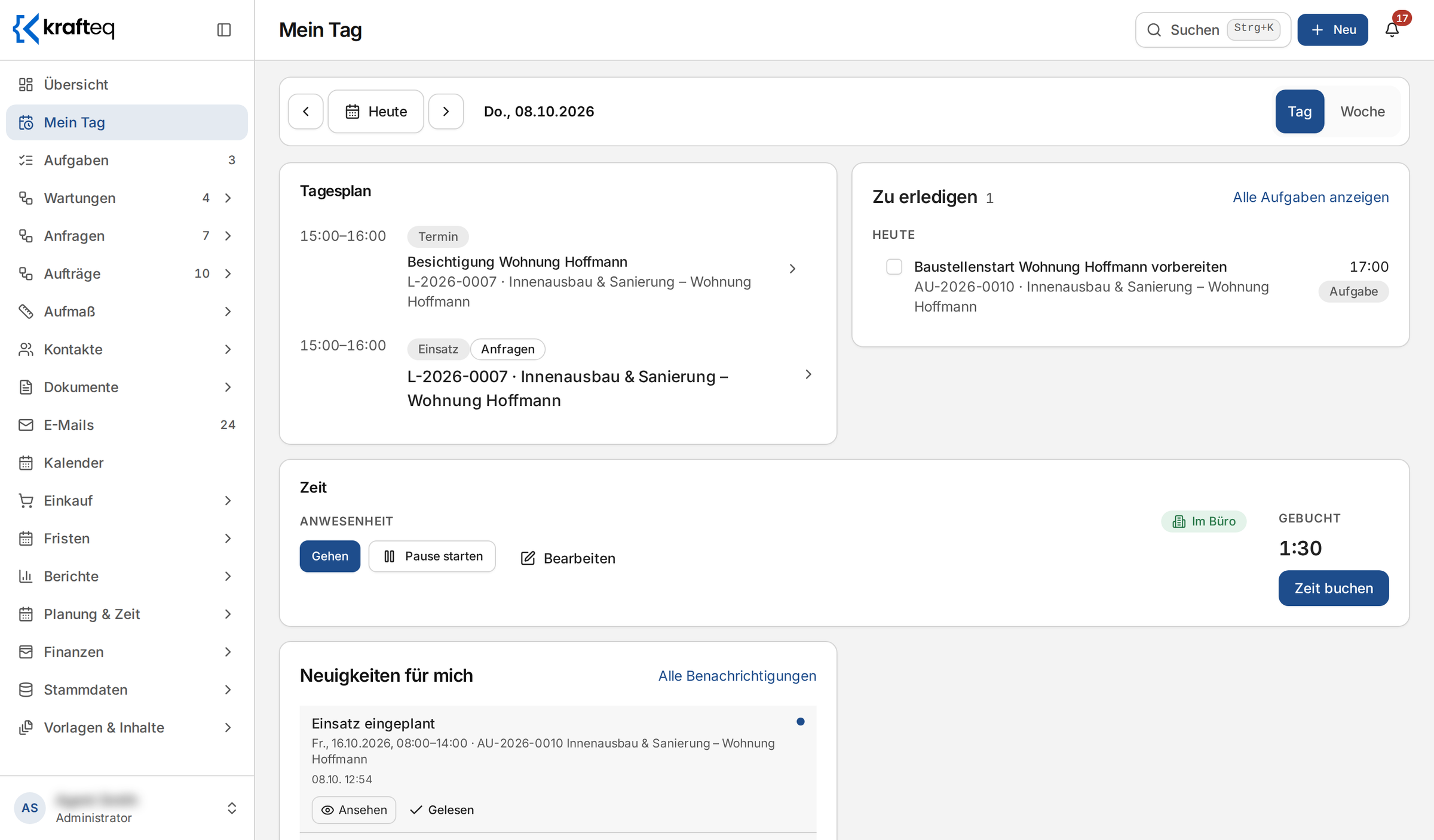 Tagesansicht Mein Tag mit Besichtigungstermin, Einsatz, offener Aufgabe und gebuchter Zeit