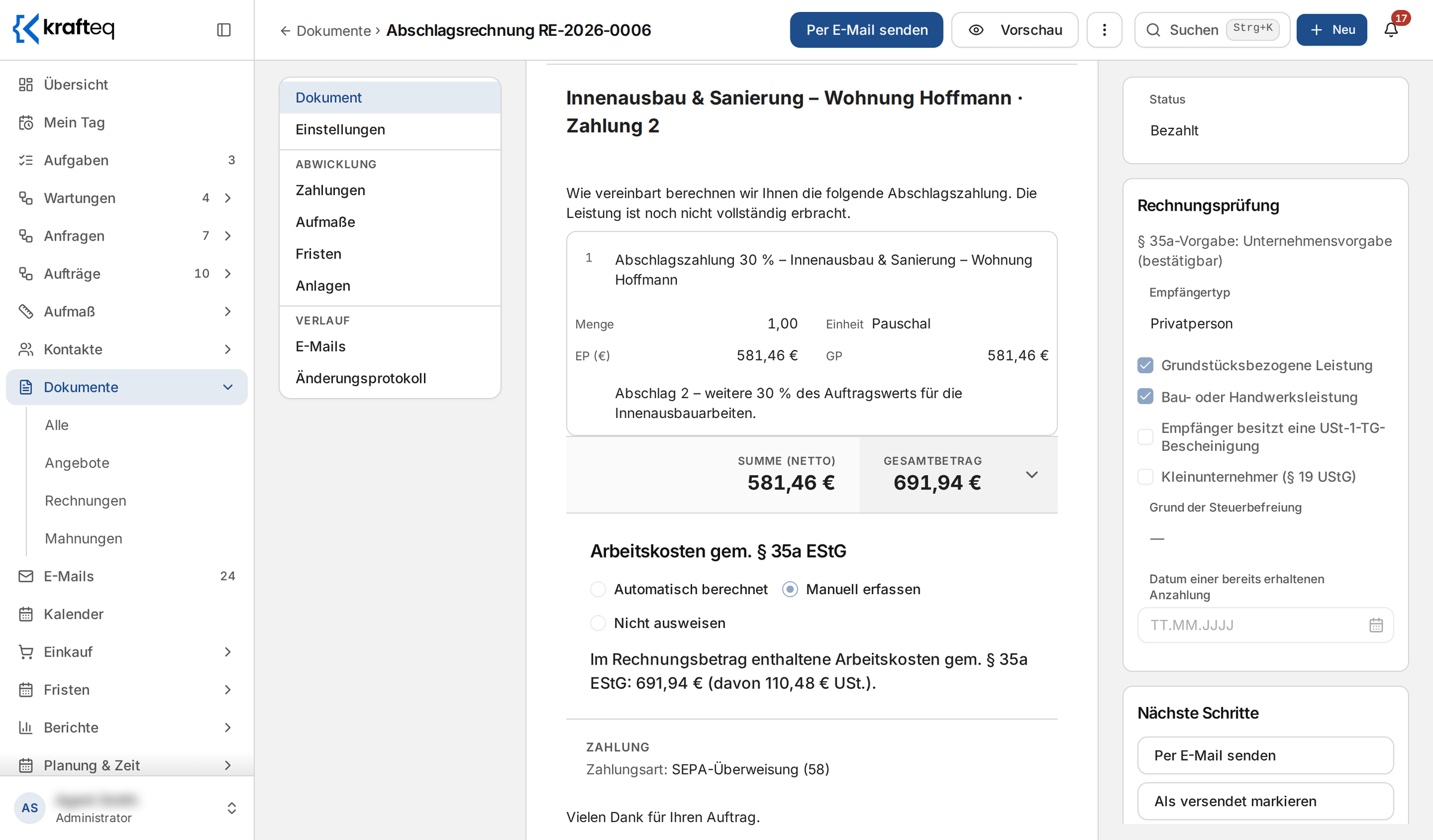 Abschlagsrechnung RE-2026-0006 mit Summe, Gesamtbetrag und Arbeitskosten nach § 35a EStG; auf dem Handy die Vorschau als ZUGFeRD-PDF mit eingebetteter XML