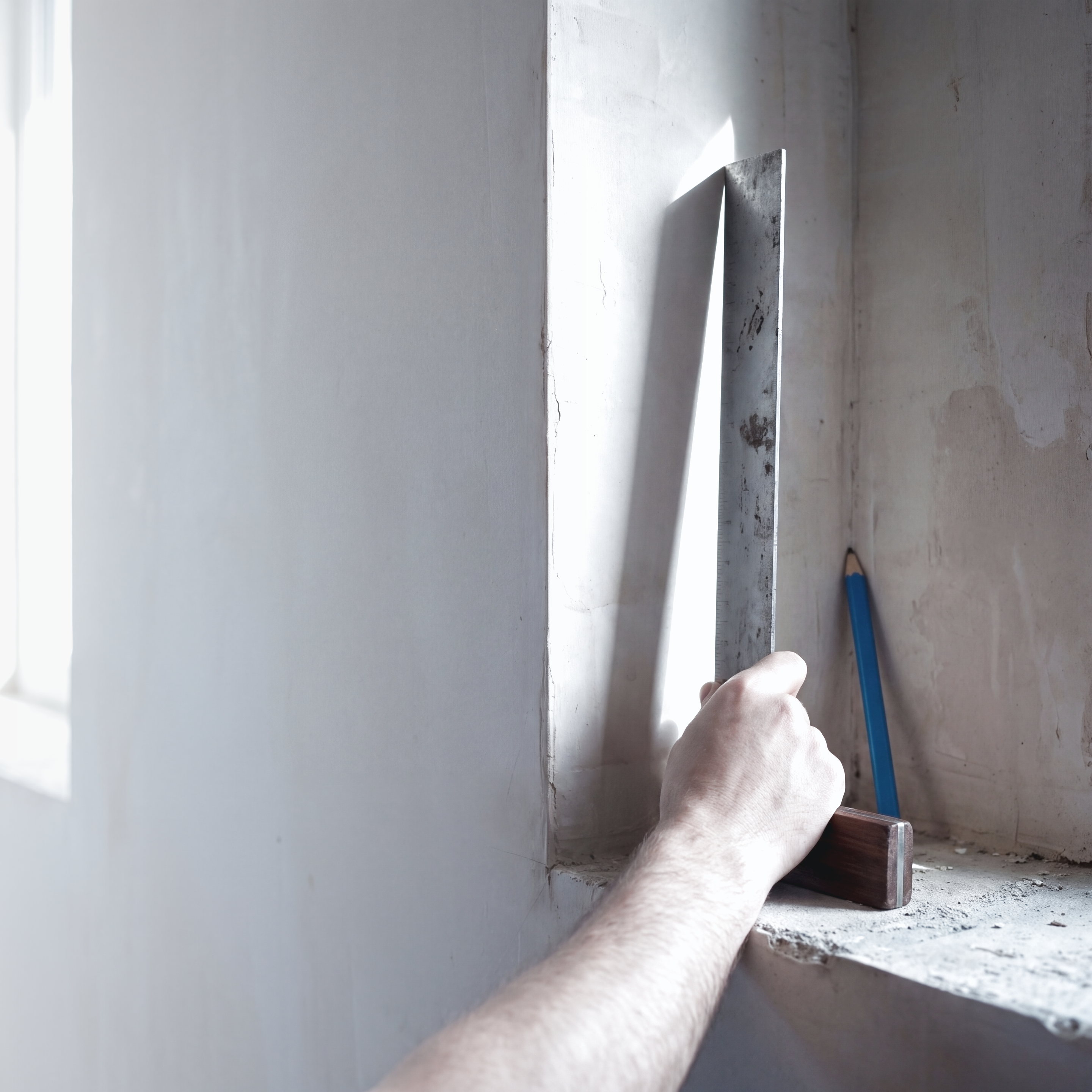 Eine Hand hält einen stählernen Anschlagwinkel in die Ecke einer verputzten Wand; zwischen der geraden Klinge und der Wand steht ein keilförmiger Spalt offen, durch den Tageslicht fällt