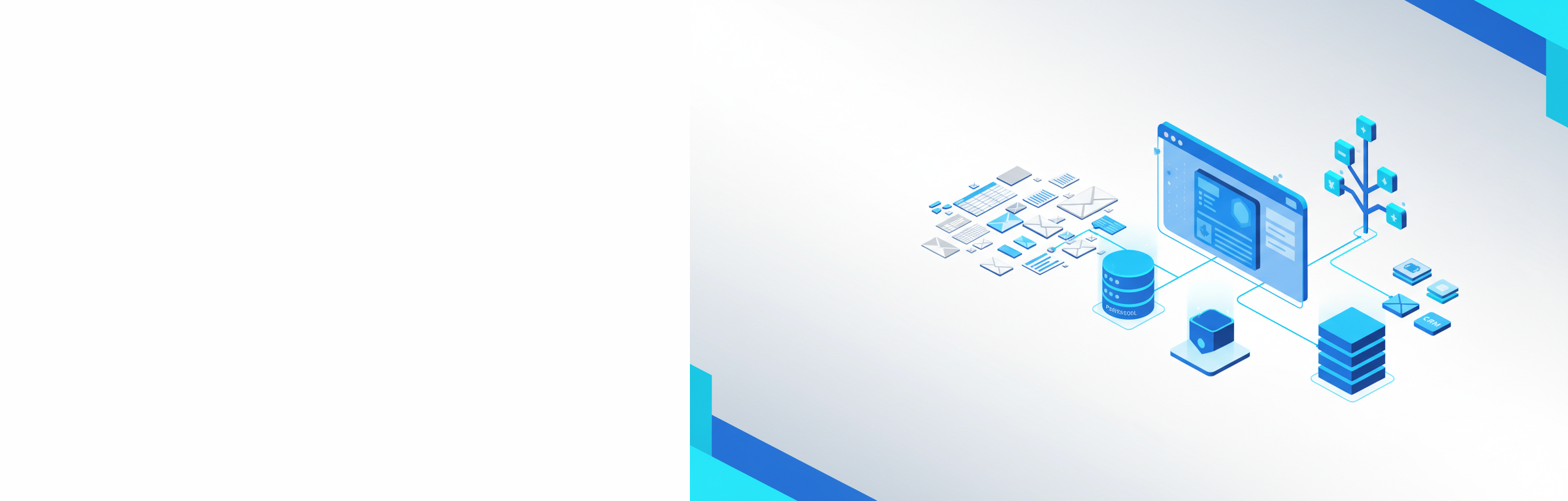 Isometrische Darstellung eines individuellen Business-Software-Ökosystems mit modularen Bausteinen, Datenbank und Container-Architektur