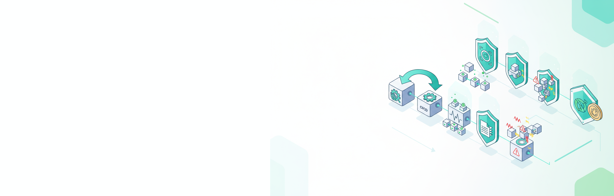 Isometrische Illustration einer sicheren Software-Pipeline mit SBOM-Generierung, Vulnerability-Scanning und Compliance-Gates