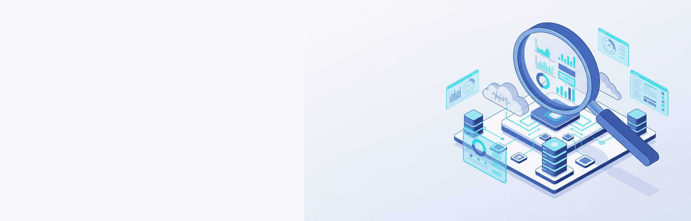 Isometrische Darstellung einer IT-Potenzialanalyse mit Lupe über Software-Landschaft, Kosten-Dashboards und Infrastruktur-Komponenten