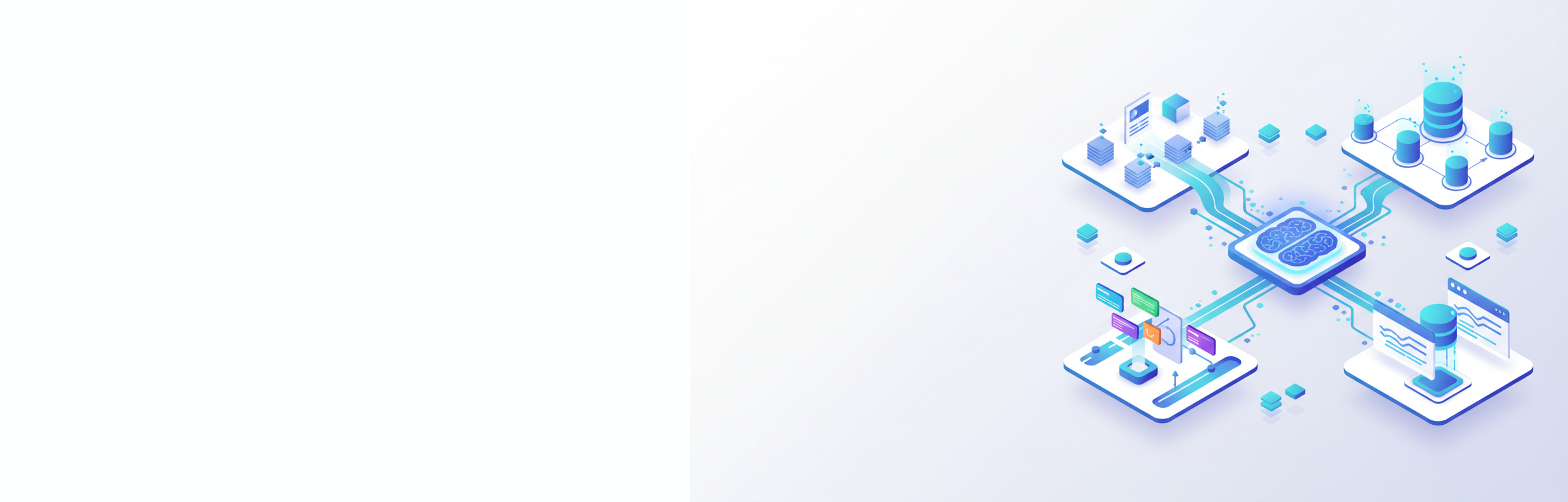 Isometrische Illustration eines KI-Automatisierungssystems mit vernetzten Workflow-Modulen und Datenströmen