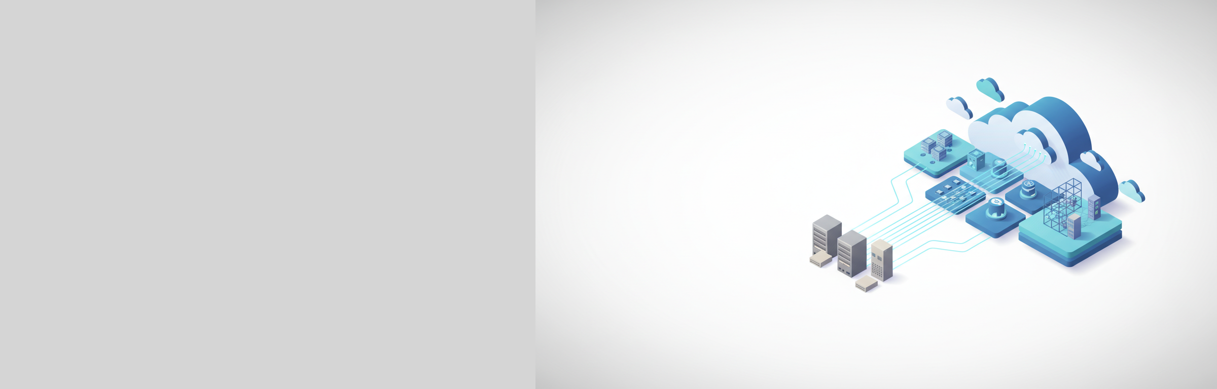 Isometrische Illustration einer Cloud-Migration: Alte Server verbunden durch Datenströme mit moderner Cloud-Infrastruktur aus modularen Plattformen und Container-Pods