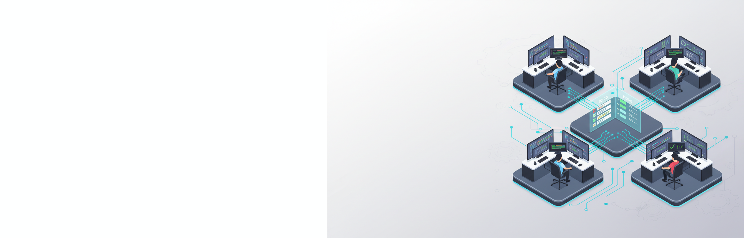 Isometrische Darstellung eines vernetzten Entwicklungsteams mit modularen Arbeitsstationen für Entwicklung, DevOps und Qualitätssicherung