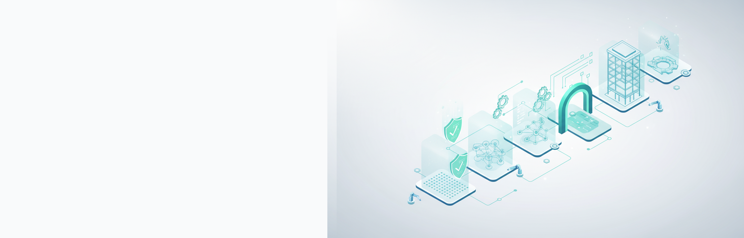 Isometrische Illustration einer QA-Pipeline mit vernetzten Testebenen und Qualitäts-Checkpoints