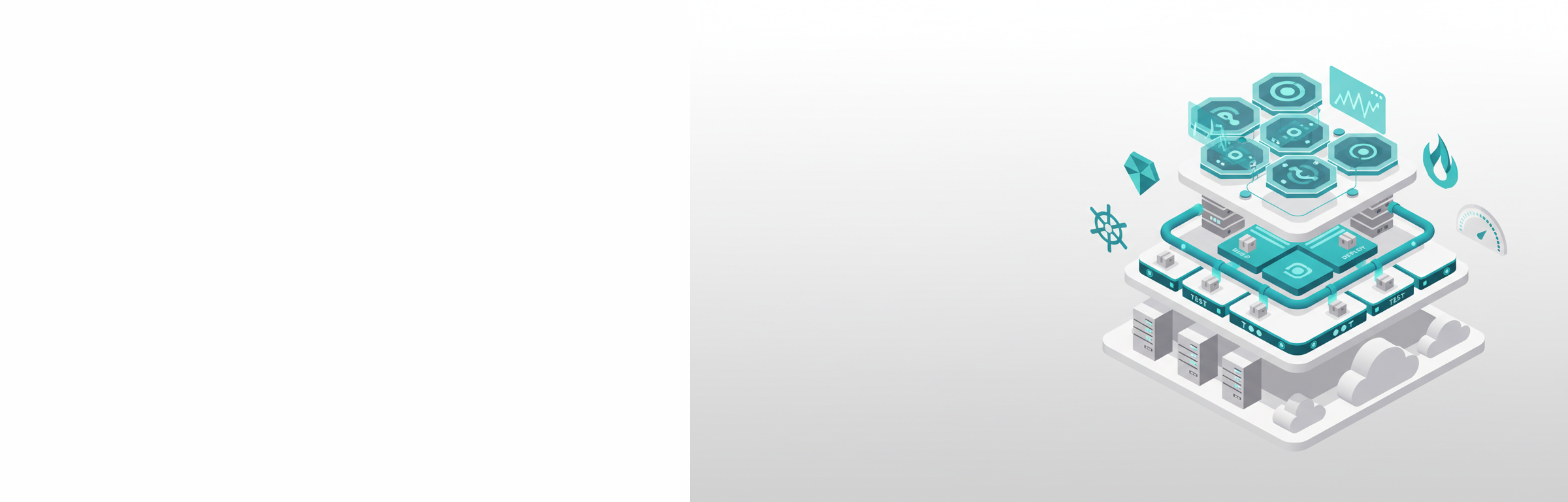 Isometrische Illustration einer DevOps-Plattform mit CI/CD-Pipelines, Kubernetes-Cluster und Monitoring-Dashboards