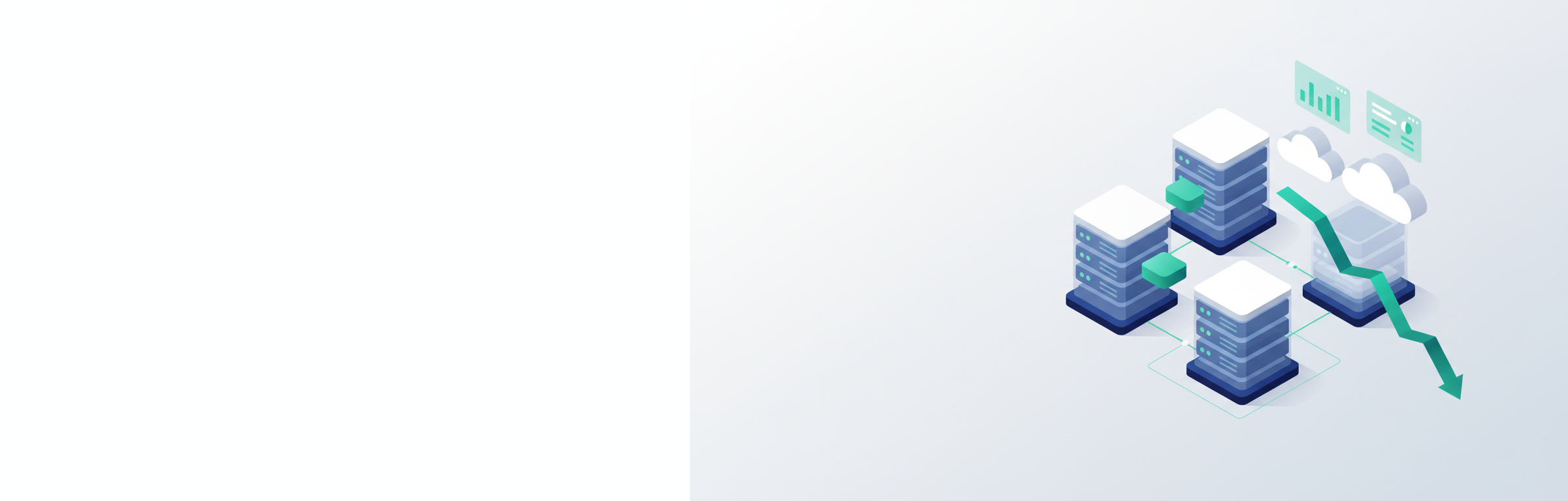 Isometrische Illustration von Cloud-Infrastruktur-Optimierung mit Server-Containern, Monitoring-Dashboards und absteigendem Kostengraph