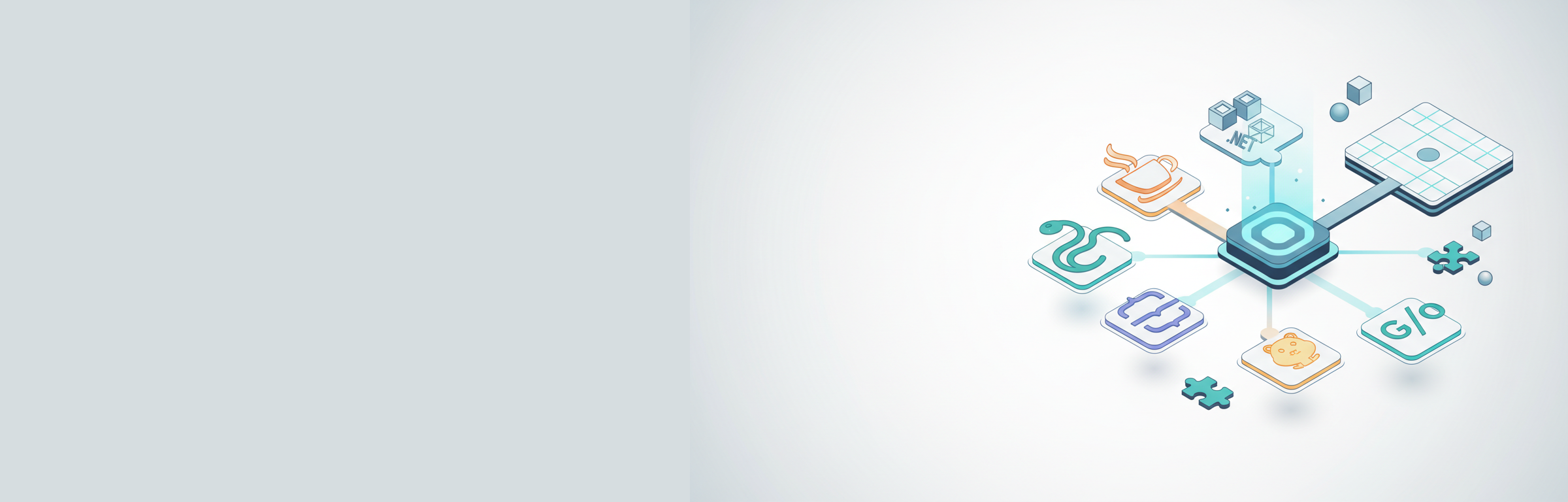 Isometrische Illustration eines modularen Engineering-Arbeitsplatzes mit vernetzten Stationen für verschiedene Technologien, die nahtlos in eine bestehende Plattformstruktur integriert werden