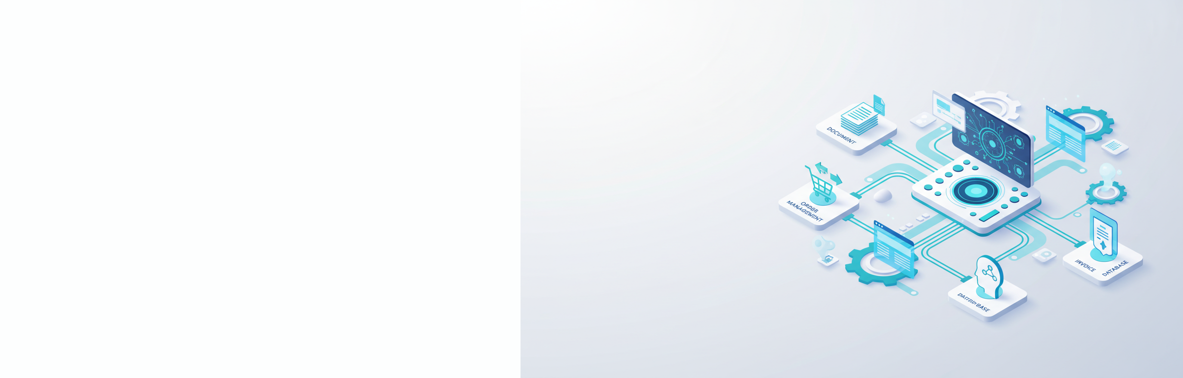 Isometrische Illustration eines digitalen Automatisierungssystems mit verbundenen Geschäftsprozessen und Datenpipelines