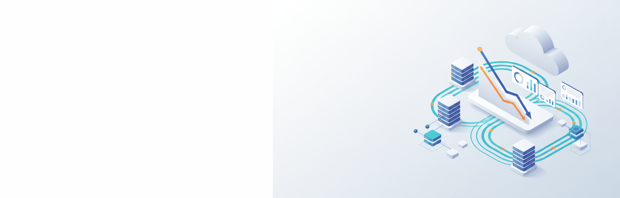 Isometrische Illustration zur Cloud-Kostenoptimierung mit abstrakten Serverstrukturen, Monitoring-Dashboards und abwärts gerichtetem Kostendiagramm