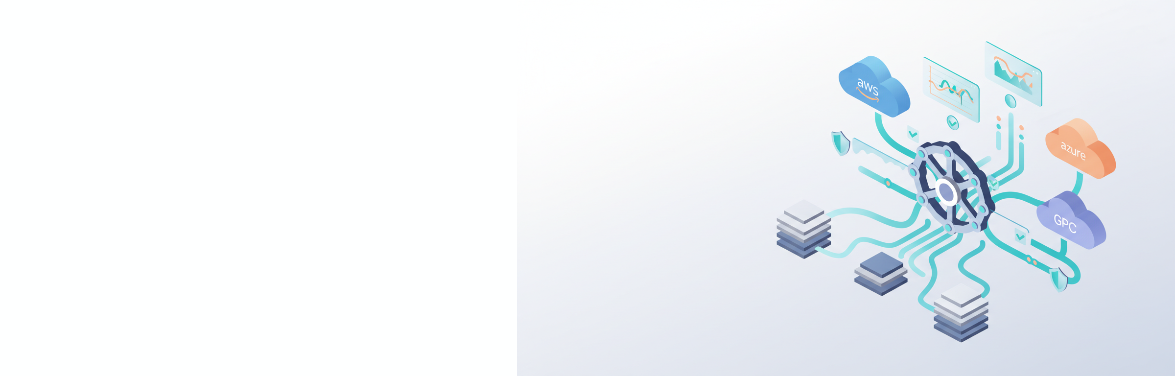 Isometrische Illustration einer vernetzten DevOps-Infrastruktur mit Cloud-Plattformen, automatisierten Pipelines und zentraler Kubernetes-Orchestrierung