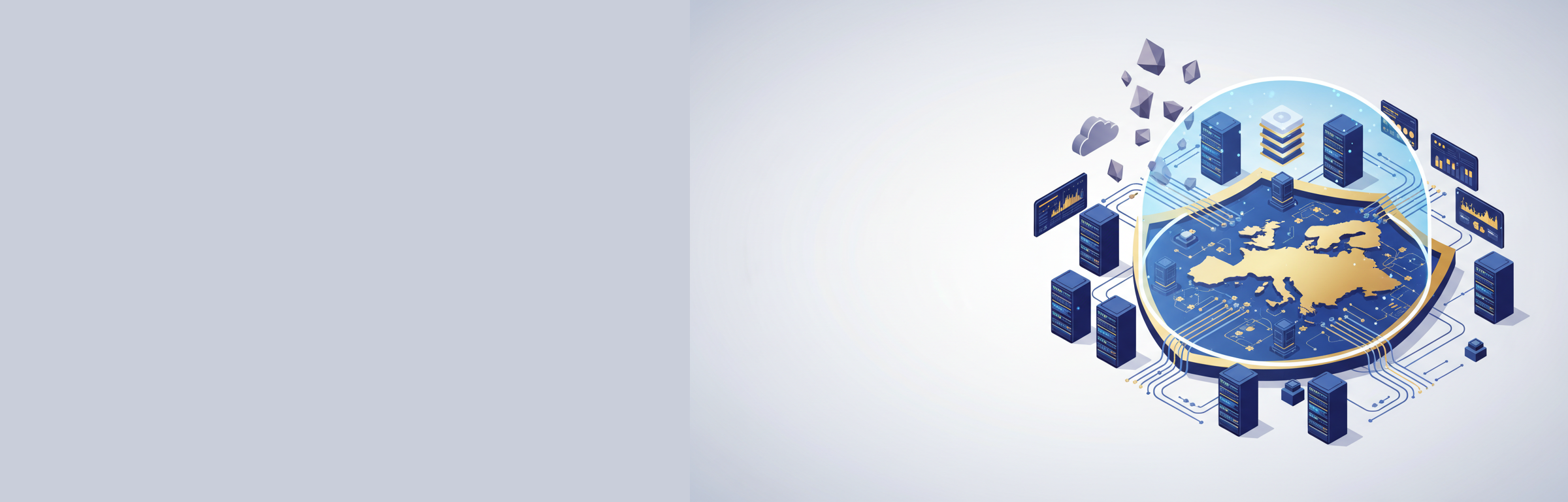 Isometrische Illustration einer souveränen EU-Cloud-Infrastruktur mit Schutzbarriere und sicheren Serverknoten