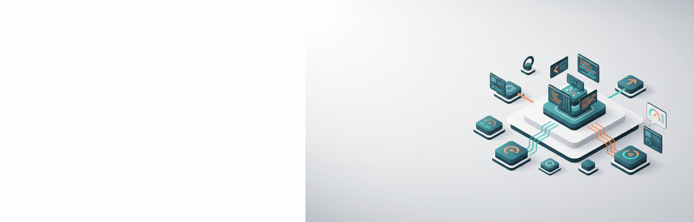 Isometrische Illustration eines modularen Skalierungssystems mit verbundenen Blöcken und Datenstromen