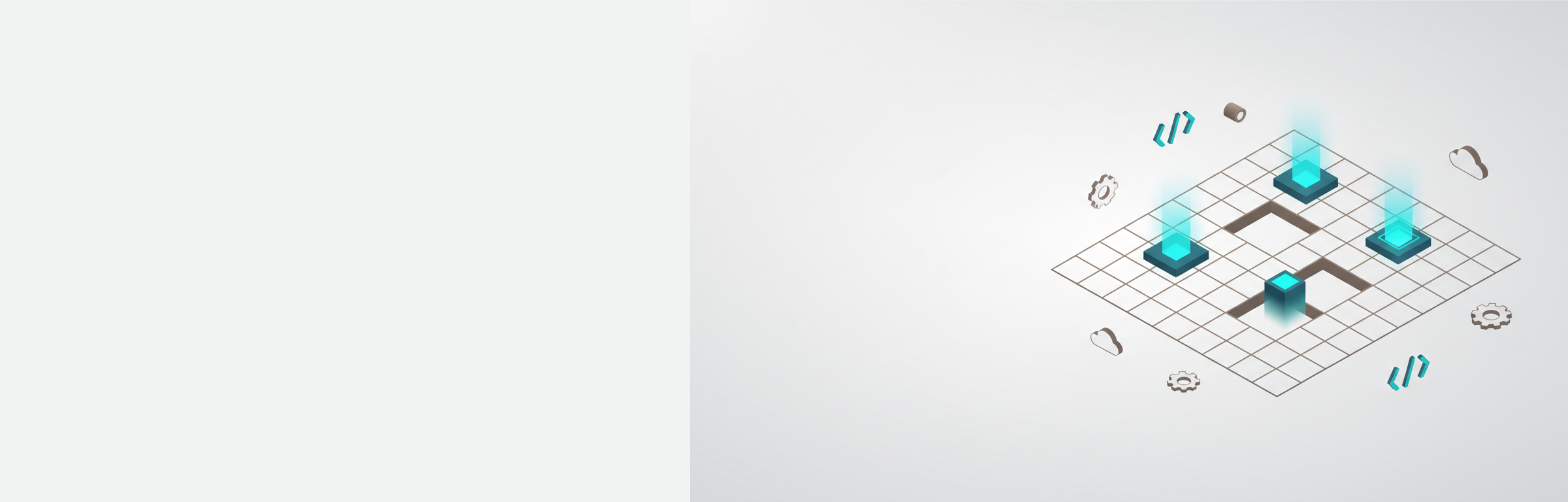 Isometrische Illustration eines vernetzten Technologie-Rasters mit einfügenden Modulen als Metapher für die Lösung des IT-Fachkräftemangels