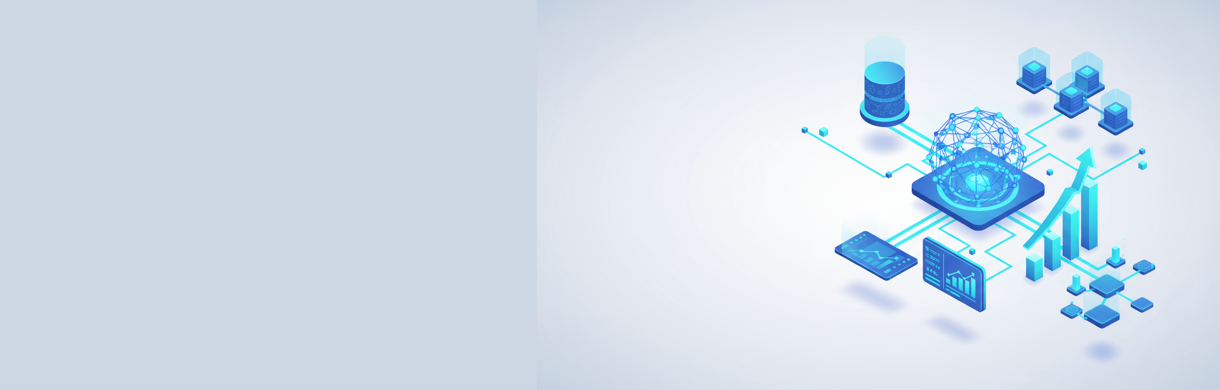 Isometrische Illustration einer KI-Integration mit vernetzten Datenpipelines, Monitoring-Dashboards und messbaren Geschäftsergebnissen