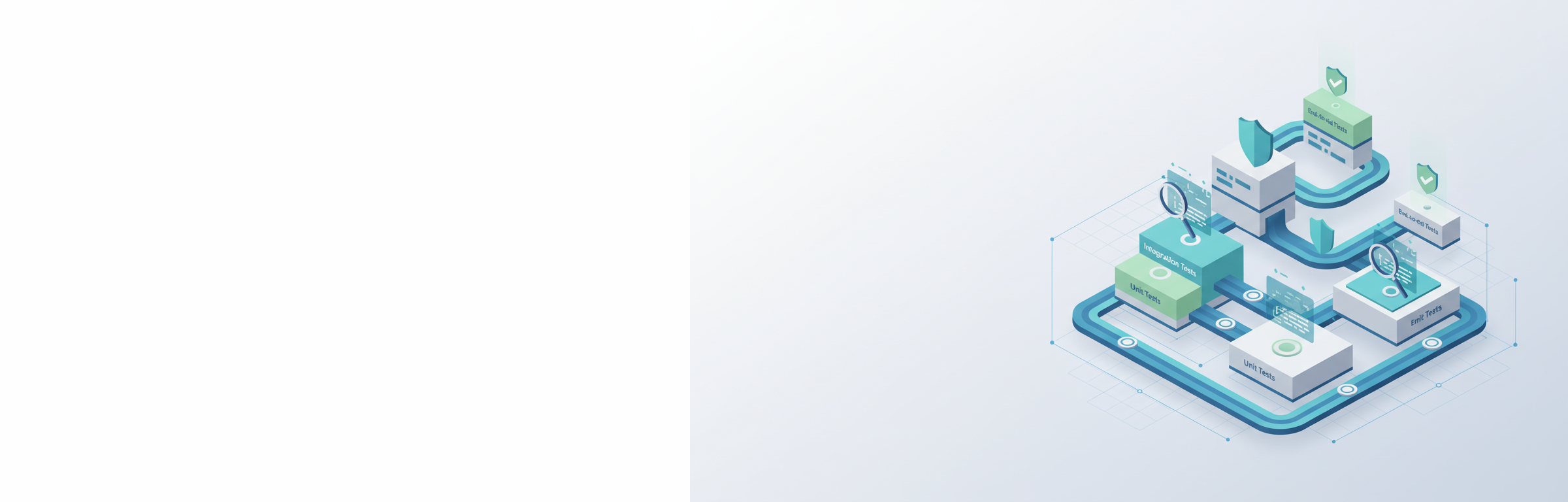 Isometrische Darstellung einer mehrstufigen Test-Pipeline mit Qualitätsgates und automatisierten Prüfprozessen