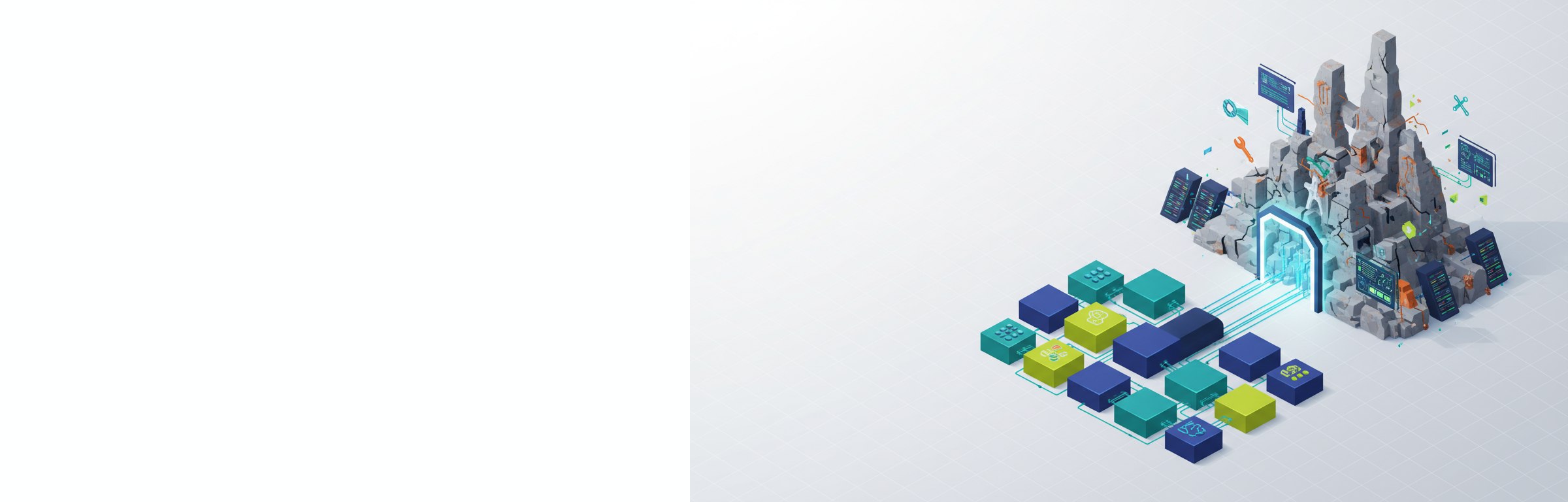 Isometrische Illustration der Software-Modernisierung: Transformation von veralteten Legacy-Systemen zu modernen Cloud-nativen Microservice-Containern